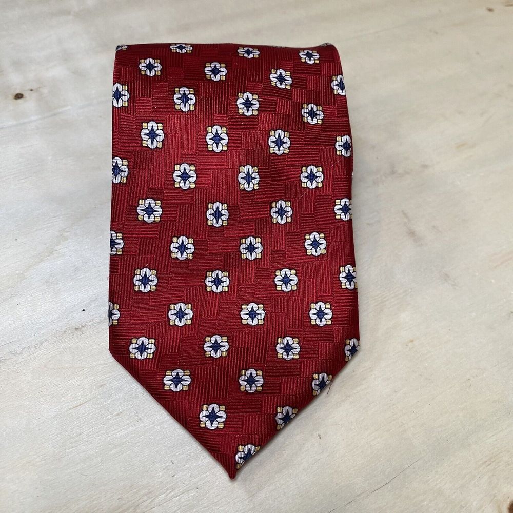 Rooster Men's 100% Silk Tie Neck‎ Tie Red with Blue and White Design Hand Sewn